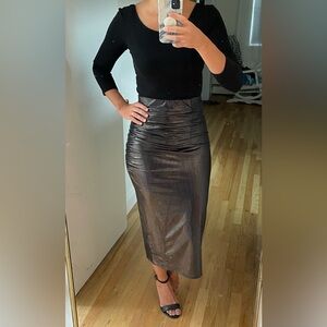 NWT Zara Midi Skirt Gathered Ruched High Waist Shiny Dark Silver Black M